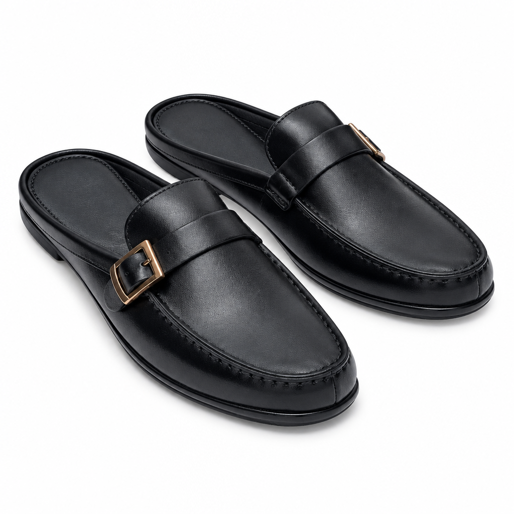Men's black leather buckle-strap mule loafers pair