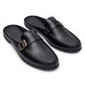 Men's black leather buckle-strap mule loafers pair