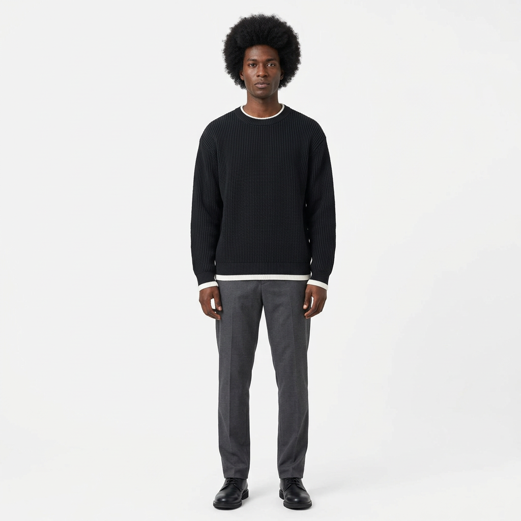 Full-body male model wearing a black white-trim textured knit sweater
