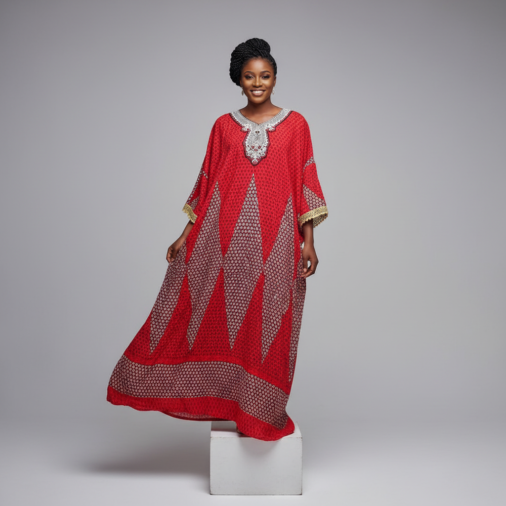 Nigerian female model wearing red floral diamond long bubu gown with gold lace cuffs
