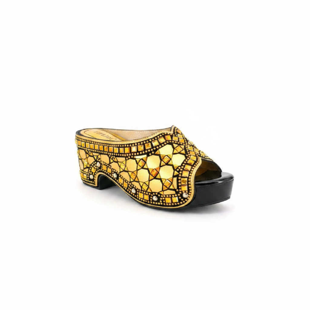 Women's gold rhinestone mosaic block heel mule ghost mannequin view