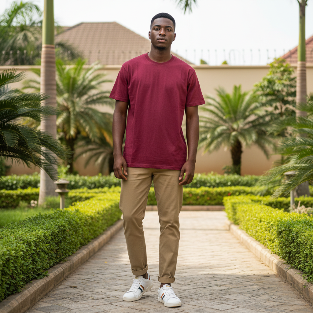 Men's Plain Burgundy Crew-Neck T-Shirt – Nigerian Male Model