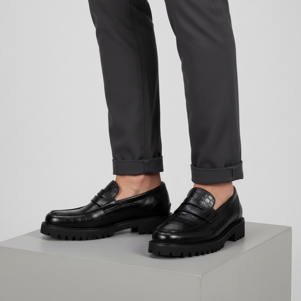 Men's black embossed penny loafer leg focus shot both feet on concrete plinth