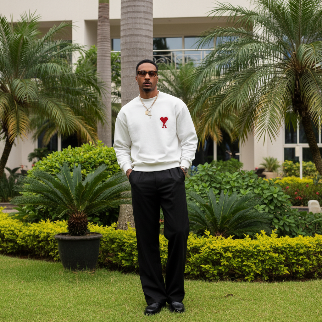 Men's White Red Heart Logo Round Neck Sweatshirt – Nigerian Male Model Shot