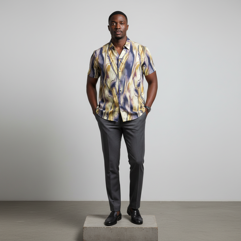 Gold Marble Agate Print Short-Sleeved Shirt - Model Front