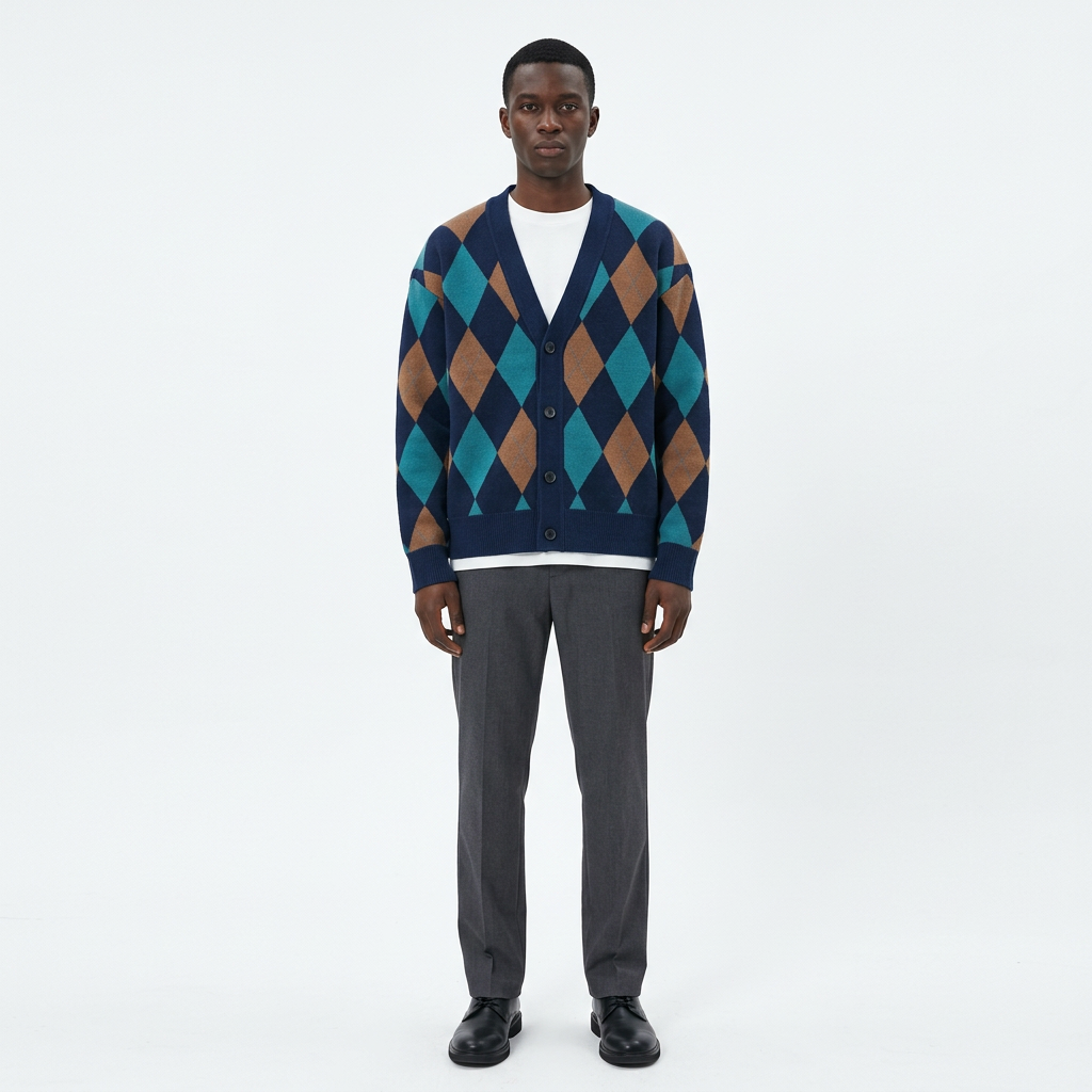 Full-body male model wearing a navy teal and tan diamond knit cardigan