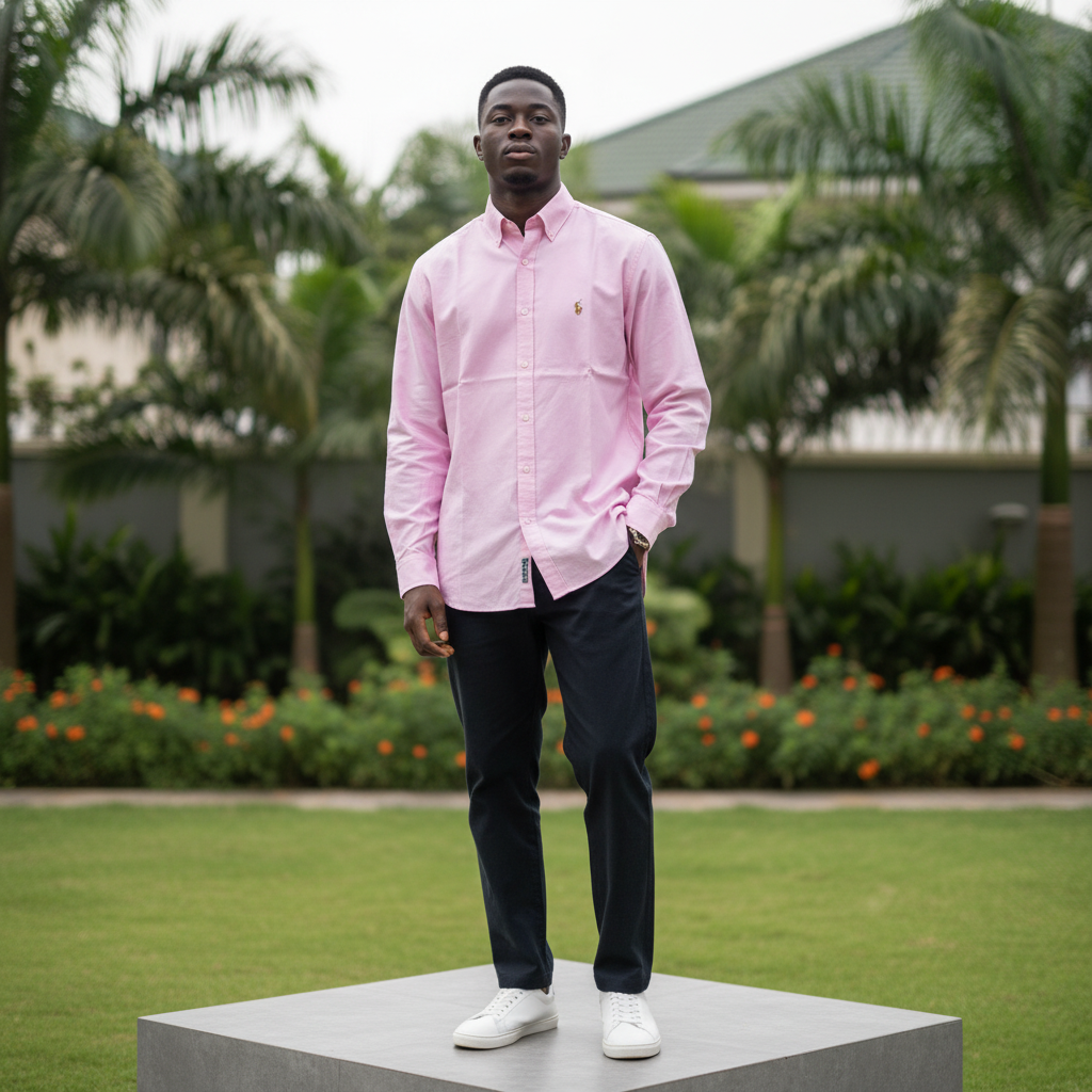 Nigerian male model wearing men's light pink long-sleeve button-down casual shirt, garden setting