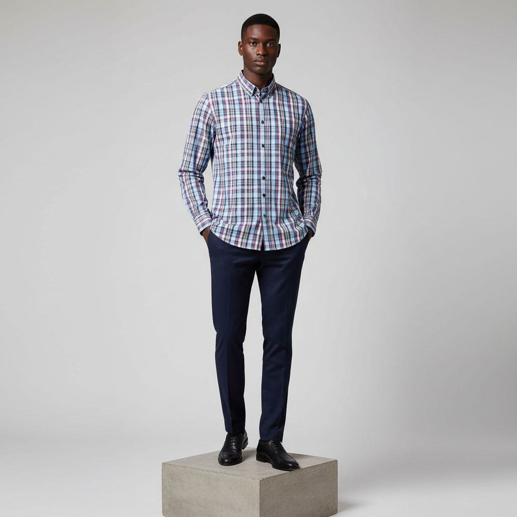 Blue Multi-Colour Plaid Long-Sleeved Shirt - Model Shot