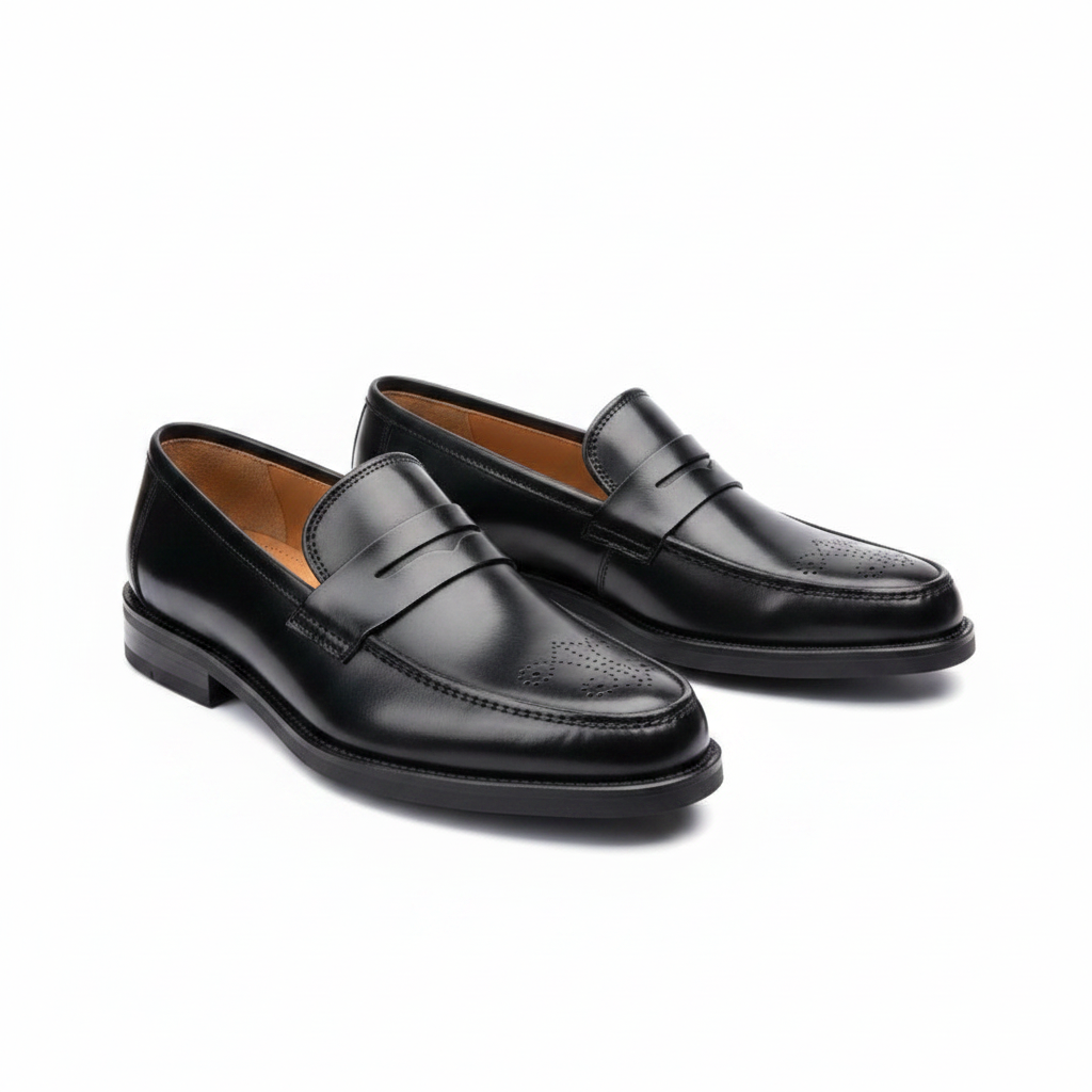 Clarks all-black brogue penny loafer ghost mannequin product shot, plain white background