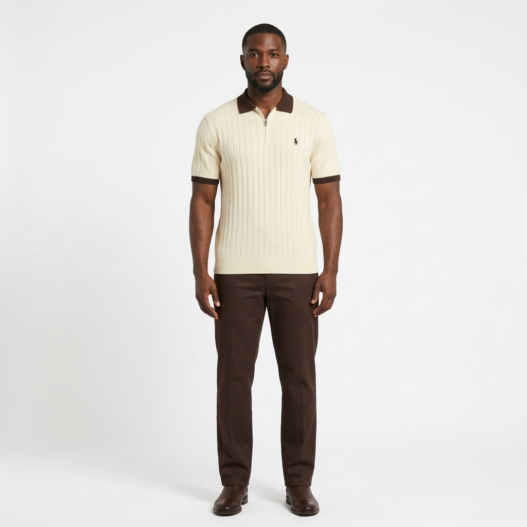 Full-body adult Black man wearing a cream brown-trim zip-neck polo