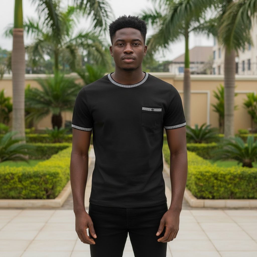 Contrast Trim Pocket Tee – Black on model