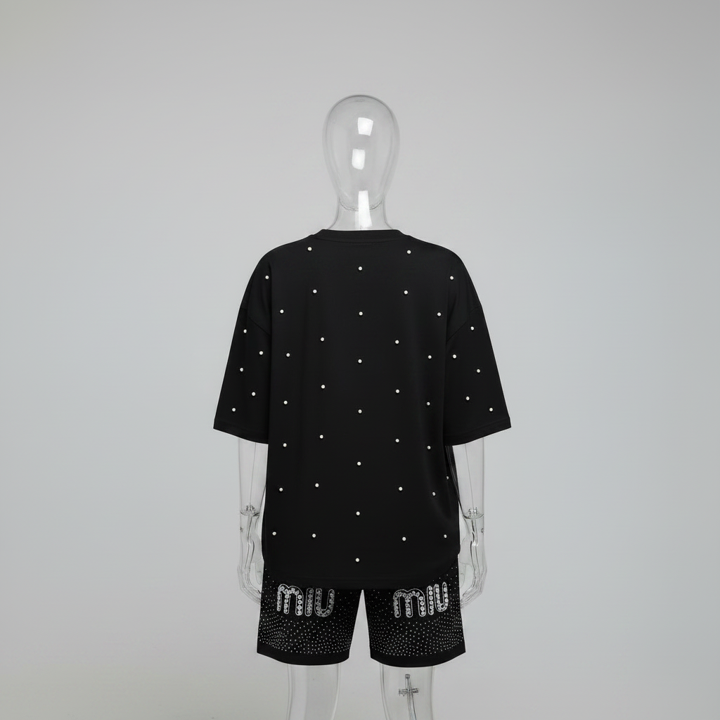 Ghost mannequin back view rectified - black pearl rhinestone top and shorts set