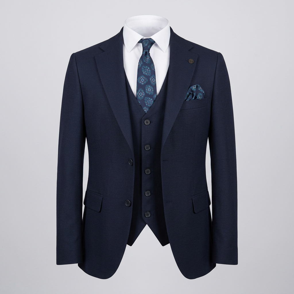 Navy textured suit jacket and waistcoat in ghost mannequin styling