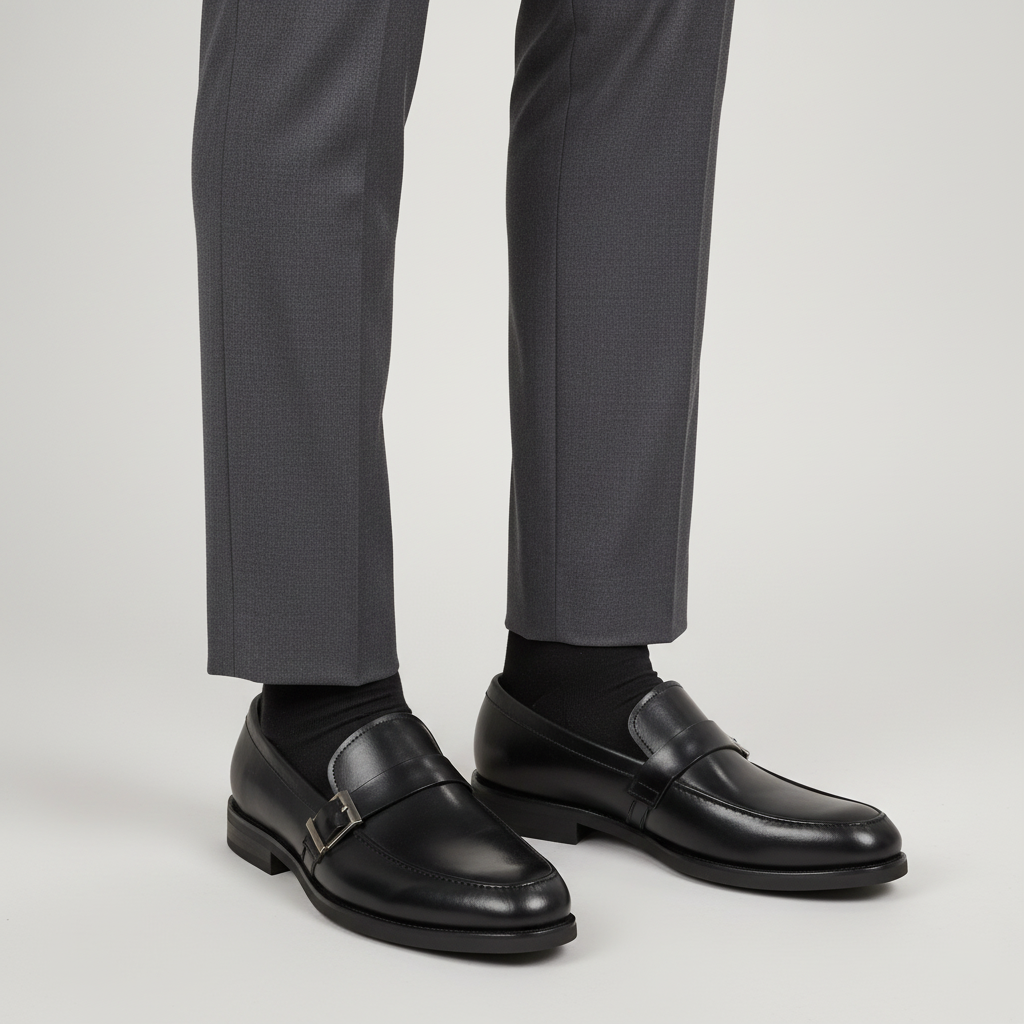 Close-up leg focus of men's black smooth leather buckle strap loafer shoes