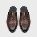 Men's brown croc-textured backless mules with heel, front view
