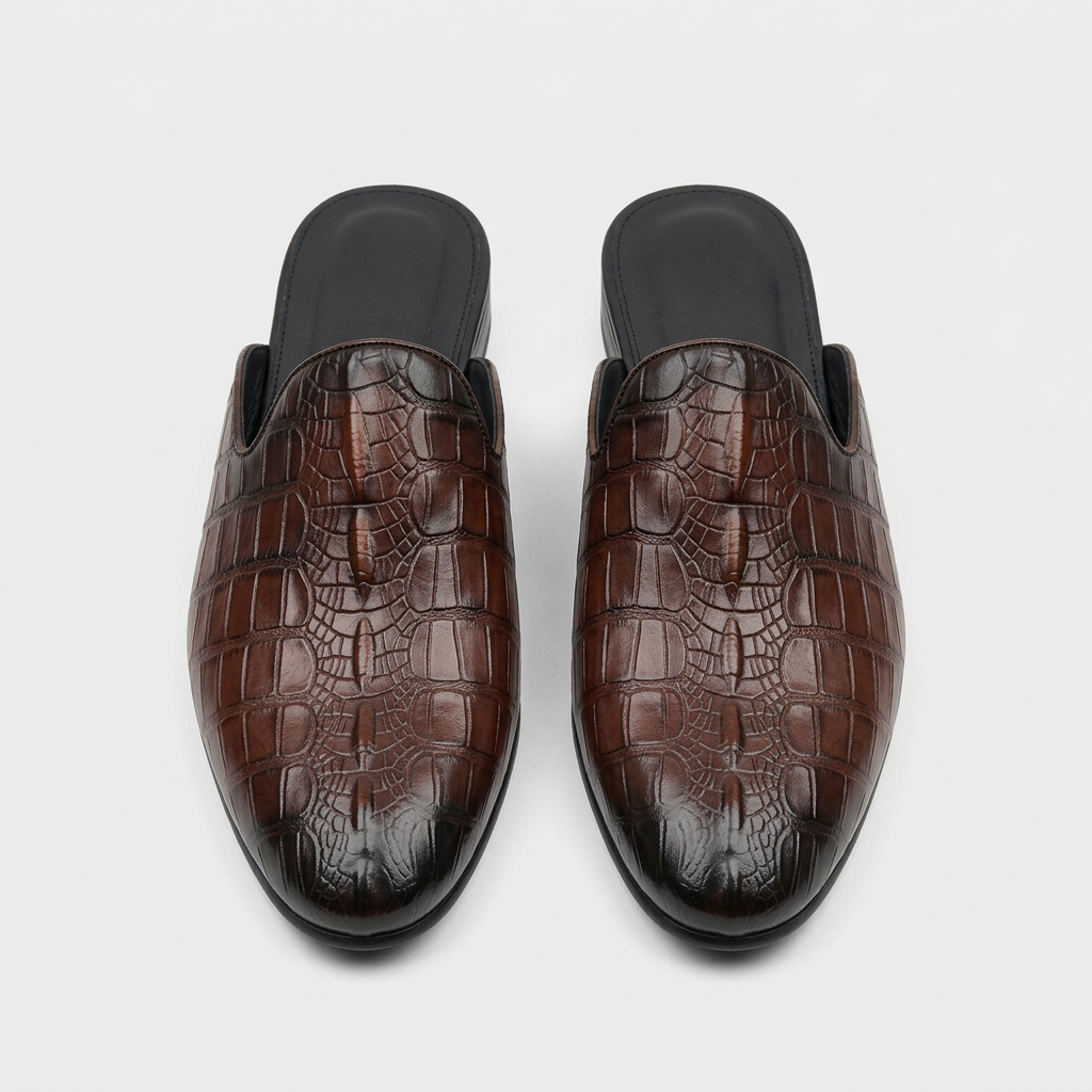 Men's brown croc-textured backless mules with heel, front view