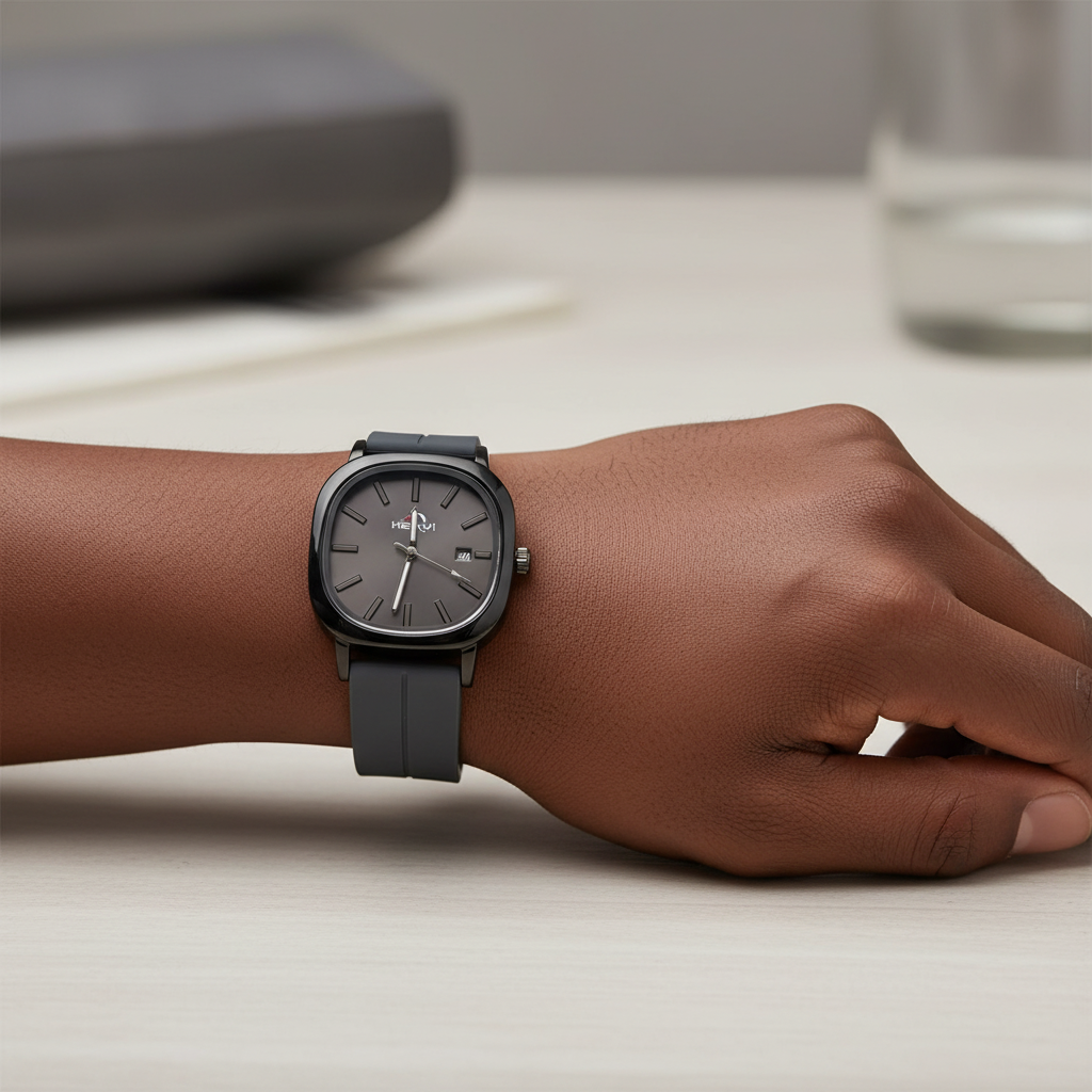 Black strap square watch worn on a wrist