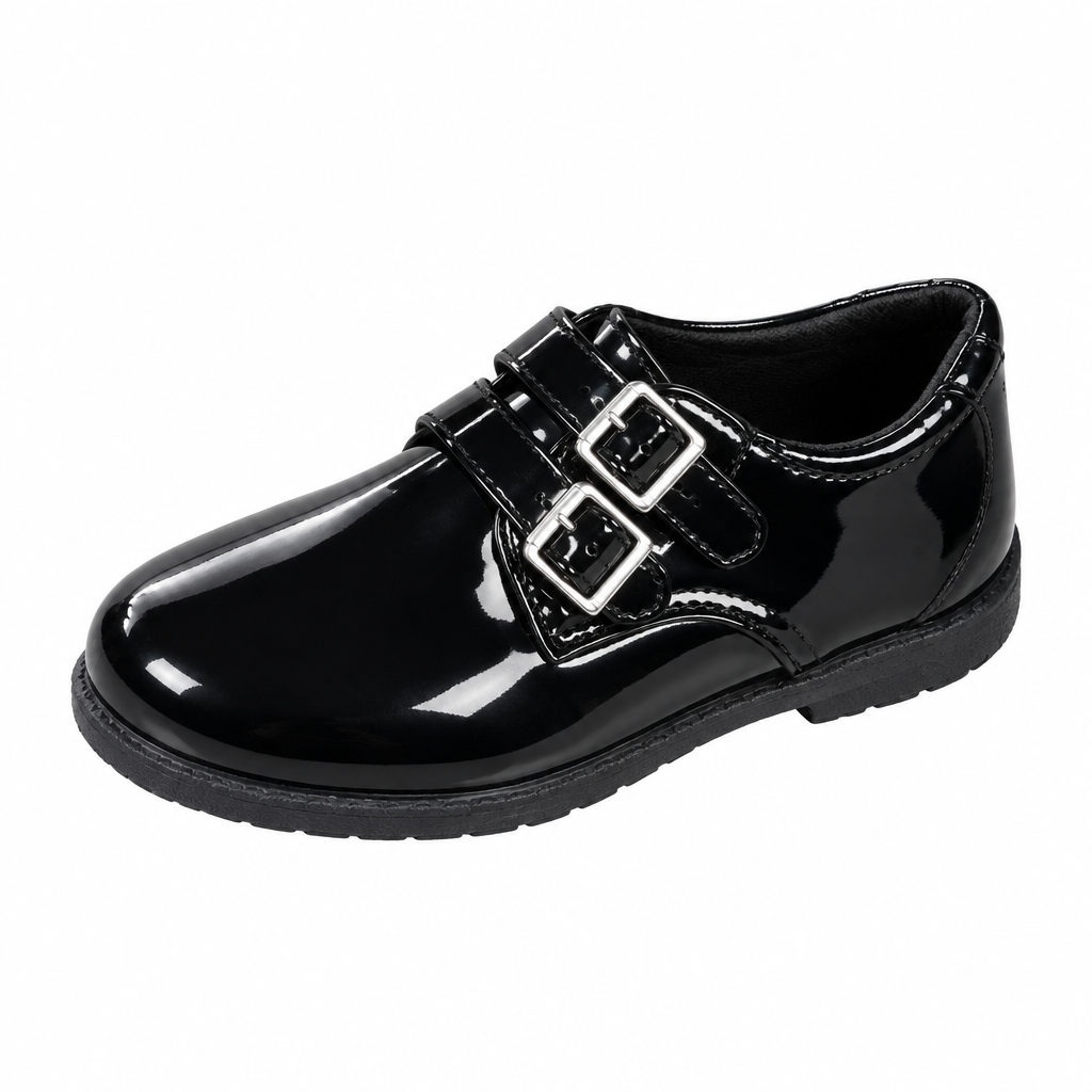 Glossy black children's dress shoe with two silver-tone buckles