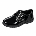 Glossy black children's dress shoe with two silver-tone buckles