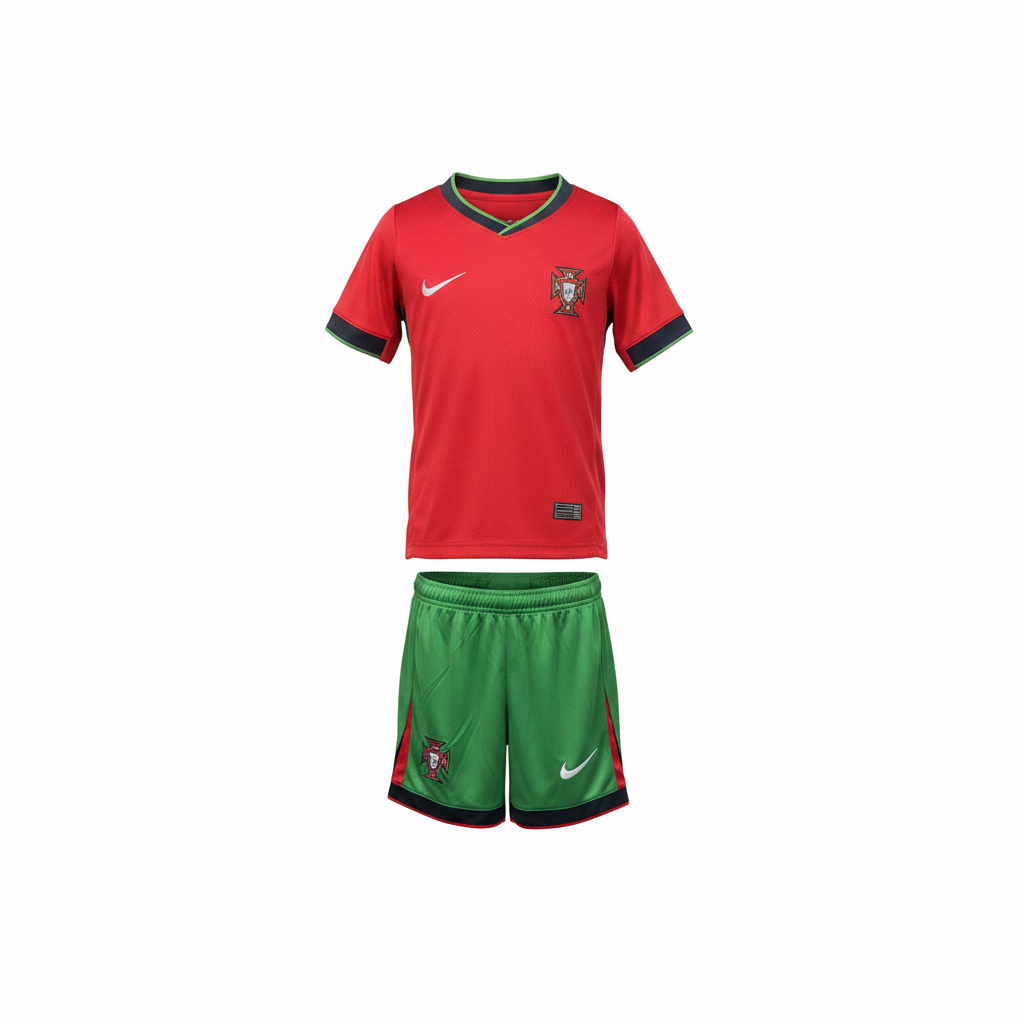 Kids' red & green football jersey set – ghost mannequin front view on white background