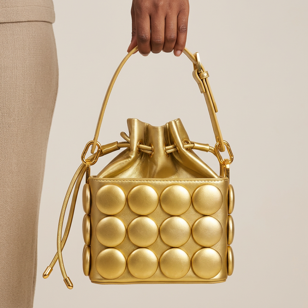 Hand holding metallic gold circle-appliqué bucket bag