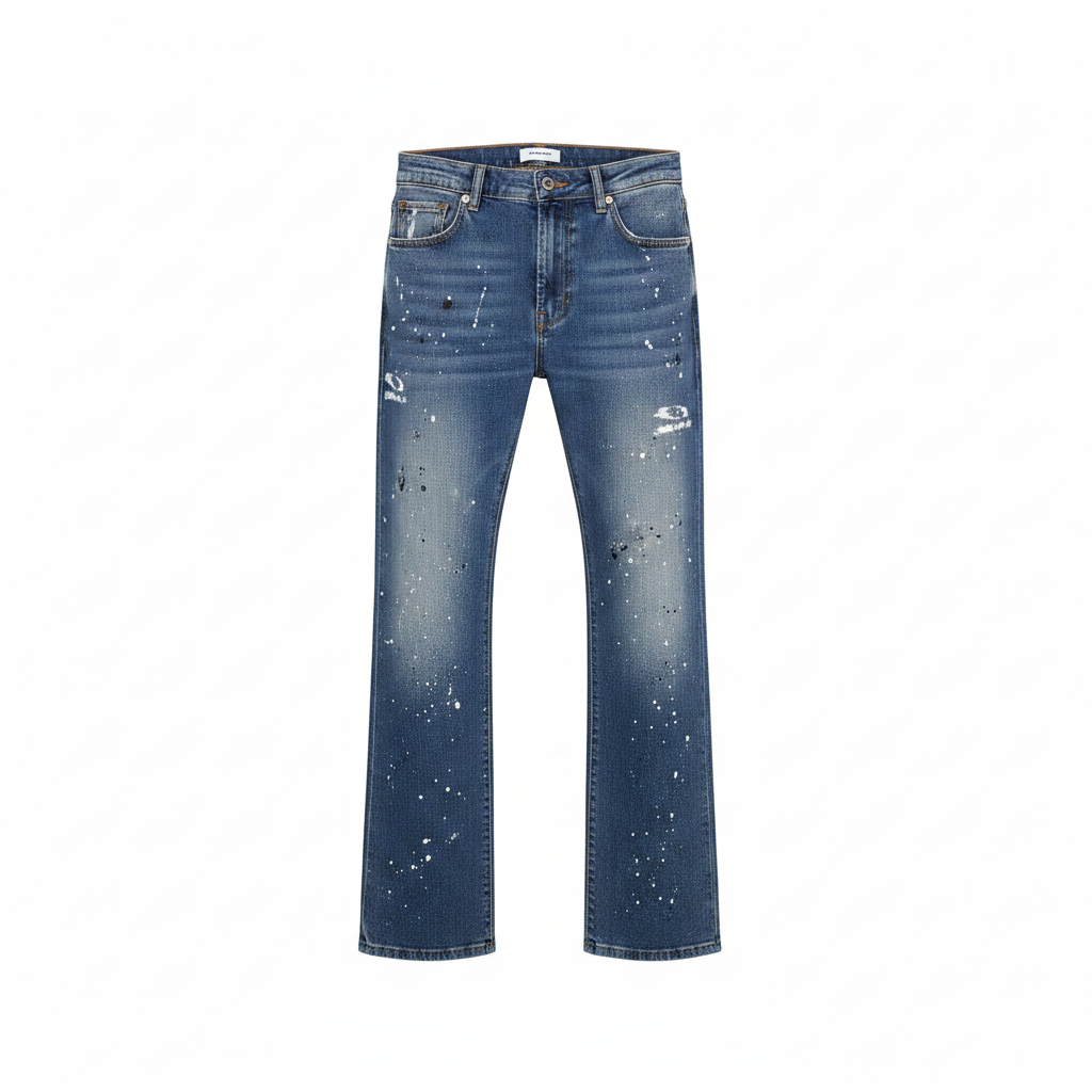 Men's Mid Blue Paint Splatter Flared Denim Jeans – Ghost Mannequin Front View