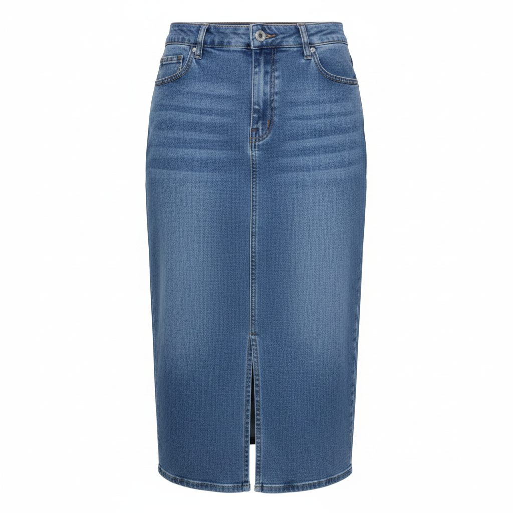 Blue Denim Midi Skirt – Front Ghost Mannequin