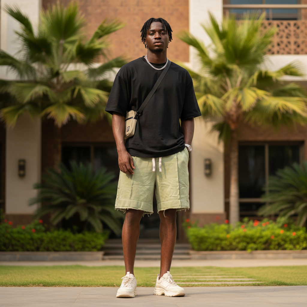 Nigerian male model wearing olive sage green raw hem panel sweat shorts — full body streetwear shot