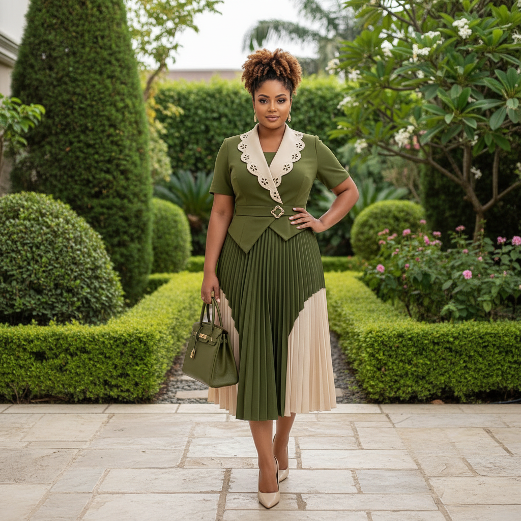 Nigerian female model wearing olive green and cream colour-block pleated midi gown with lace collar in upscale garden setting