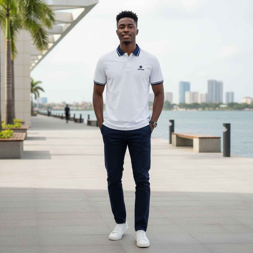 Young Nigerian male model wearing white polo with navy tipped collar and cuffs