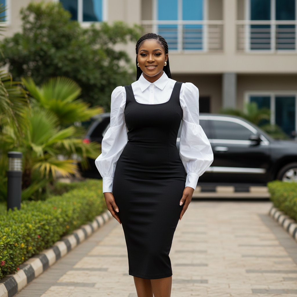 Nigerian female model wearing black and white puff sleeve collar bodycon midi dress
