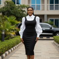 Nigerian female model wearing black and white puff sleeve collar bodycon midi dress