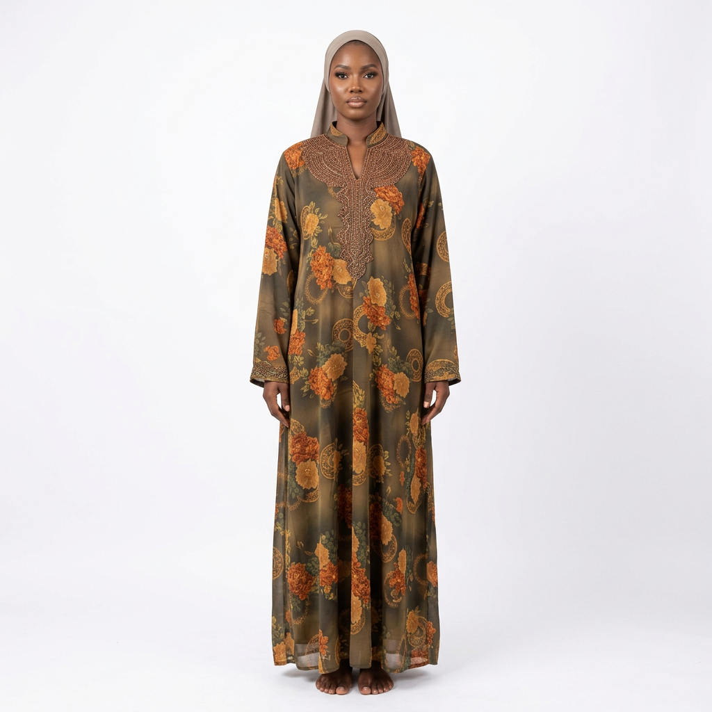 Nigerian female model wearing olive floral and medallion embellished abaya against white