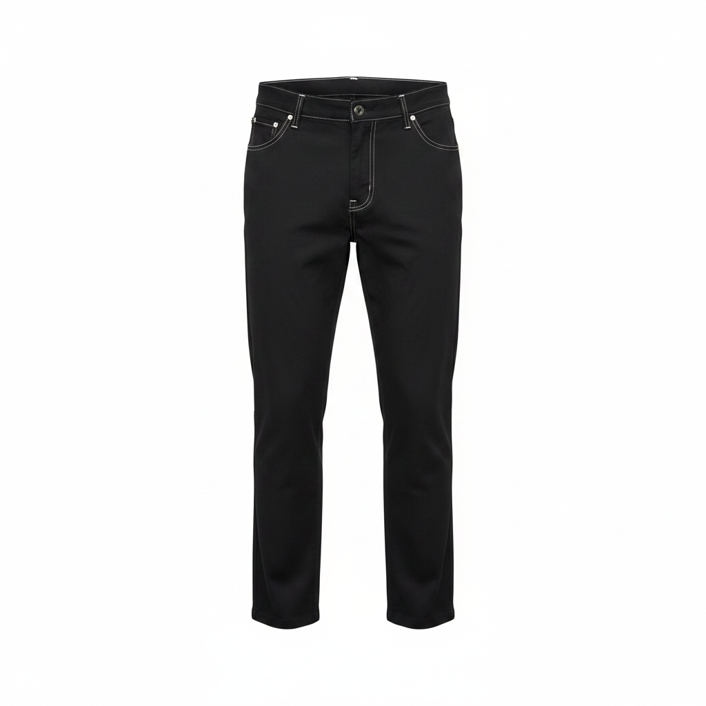 Black chino trousers with white pocket trim on ghost mannequin, white background