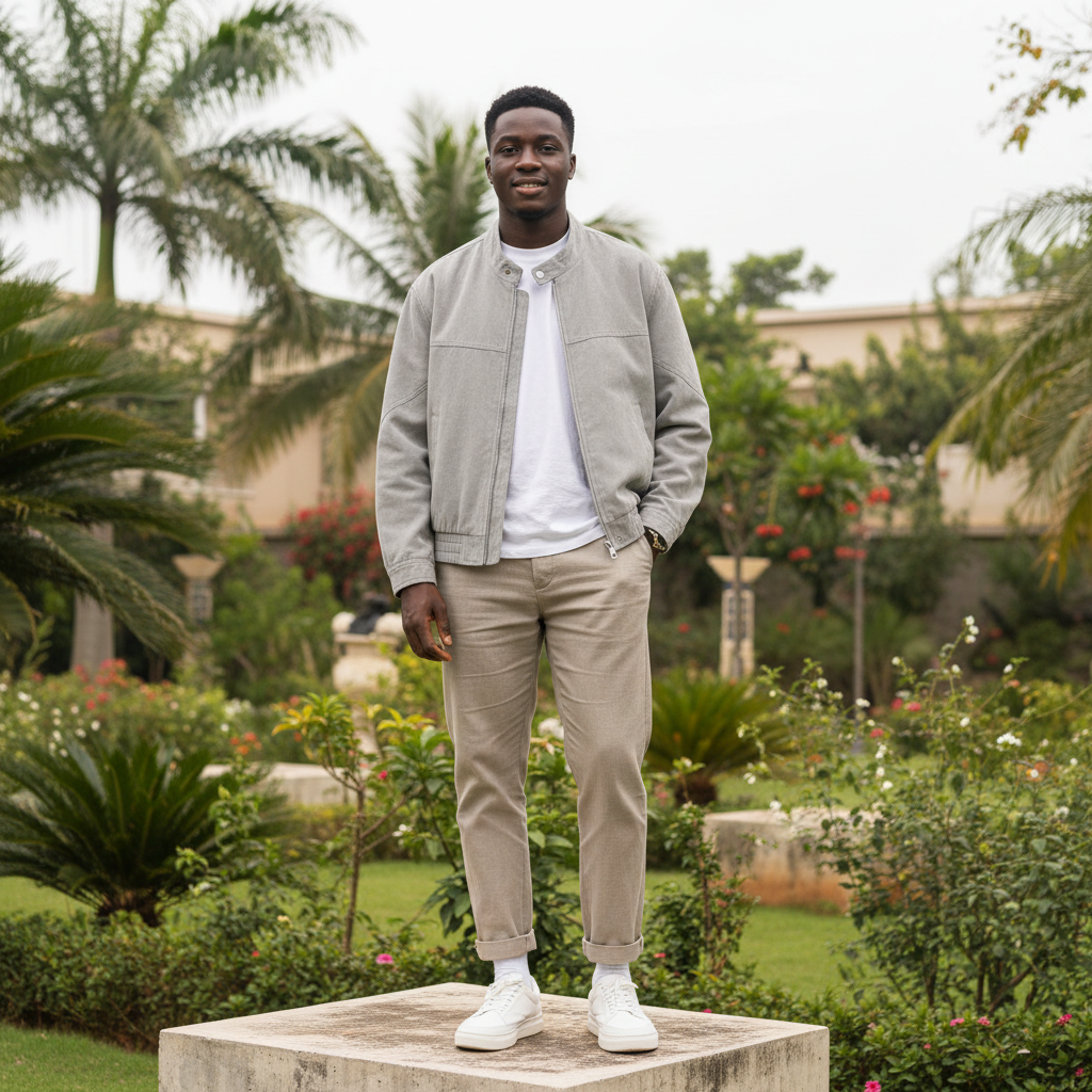 Men's Light Grey Suede-Look Oversized Bomber Jacket – Nigerian Male Model Shot