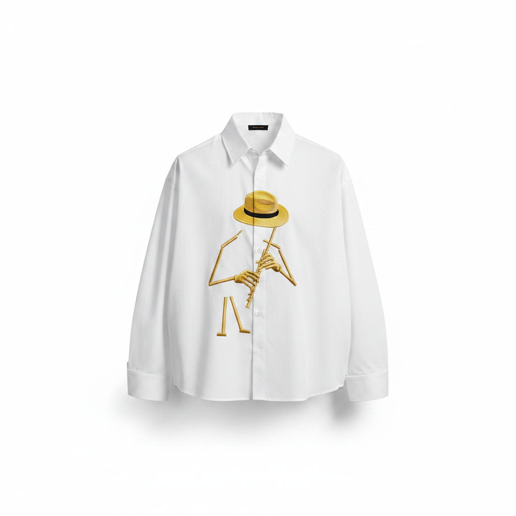 Men's white fedora stick figure embroidered oversized long-sleeve shirt – ghost mannequin front view