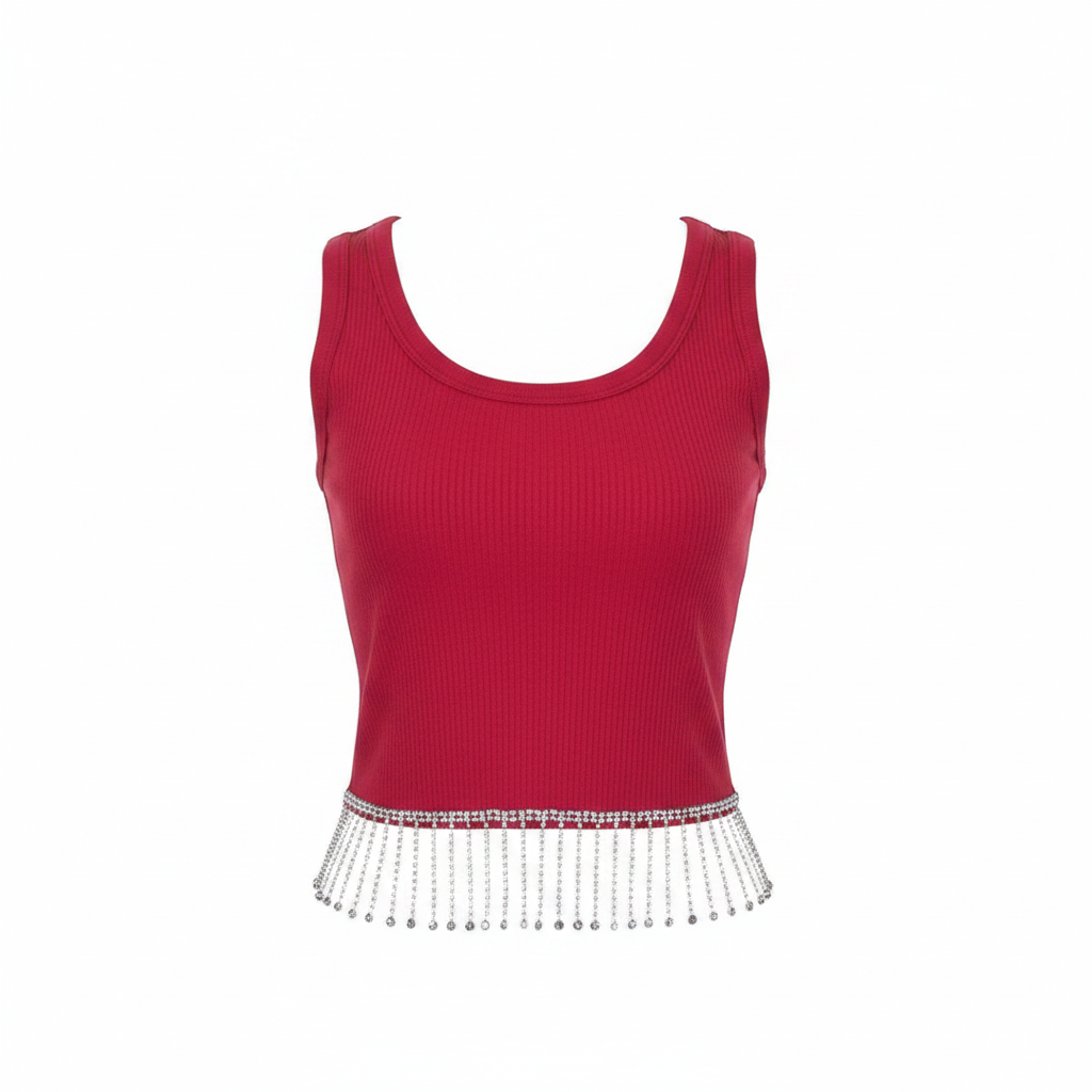 Women's crimson red ribbed sleeveless crop top with crystal chain fringe hem - ghost mannequin front view
