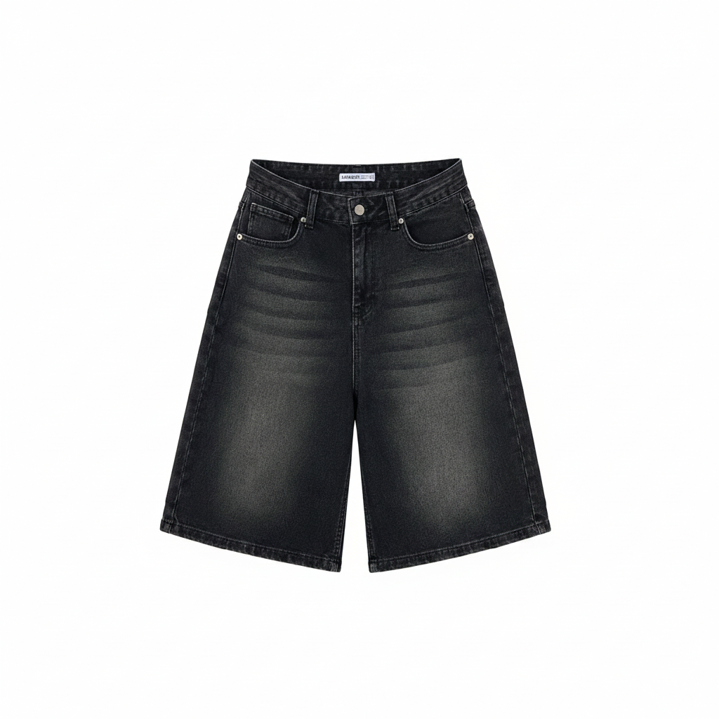 Women's charcoal grey wide leg denim bermuda shorts ghost mannequin view on white background