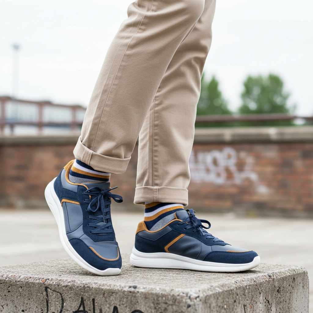 Model wearing navy blue leather lace-up sneakers with mustard accent leg shot