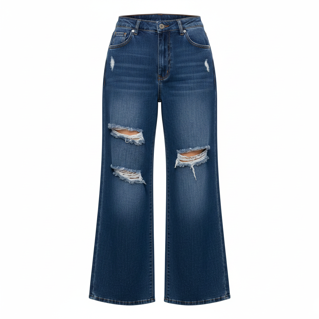 Medium Blue High-Waist Wide-Leg Distressed Denim Jeans - Ghost Mannequin