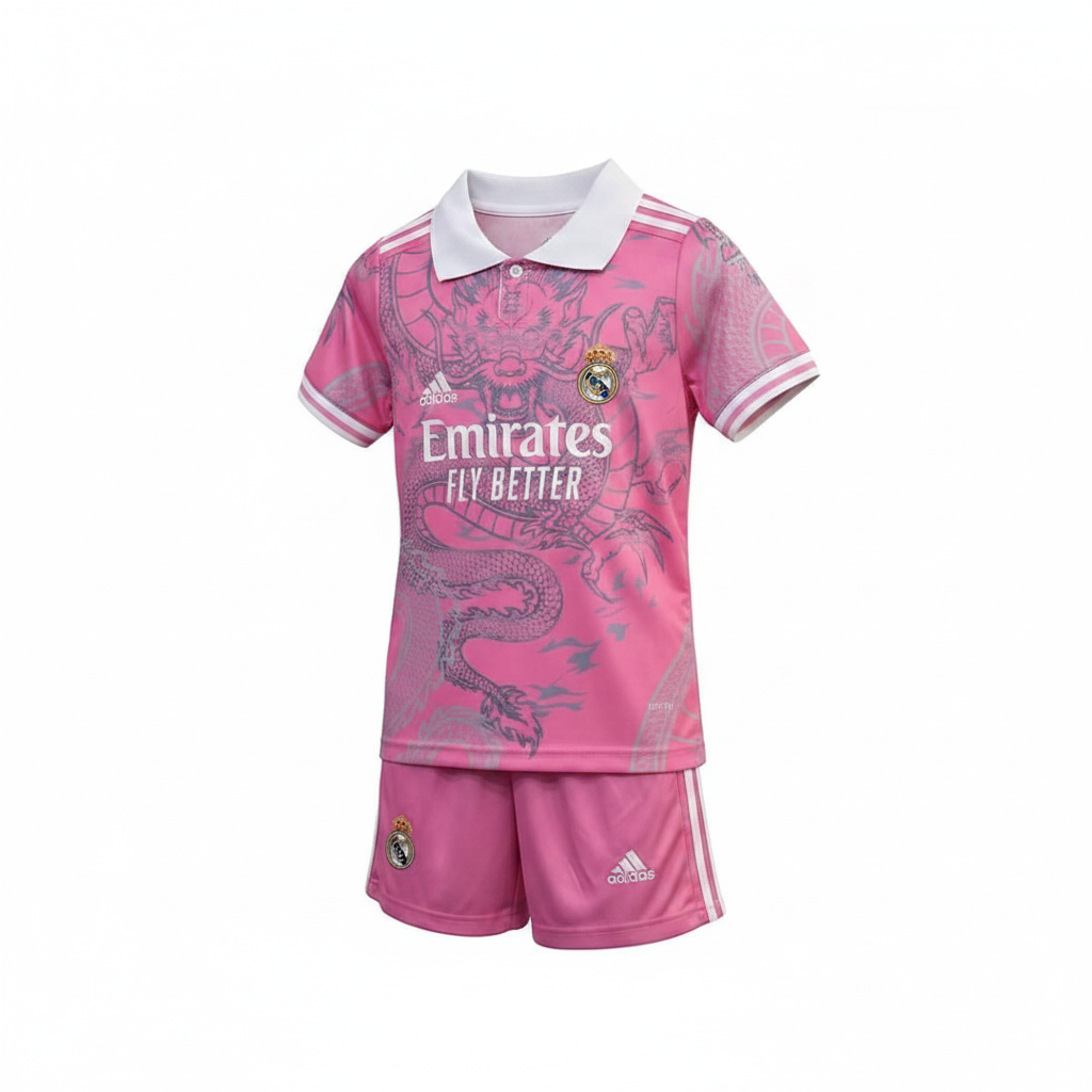 Real Madrid FC kids pink dragon special edition kit ghost mannequin — pink Adidas jersey and shorts with grey dragon print