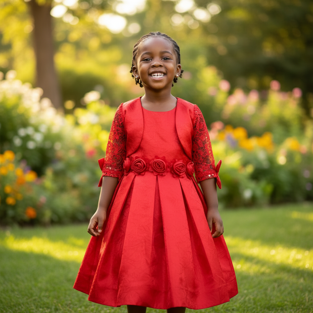 Girls Red Satin & Lace Bolero Dress Set - Model Shot