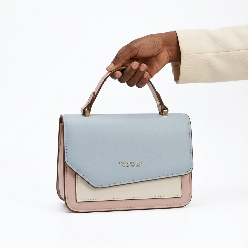 Black adult woman’s hand holding a pastel colour-block handbag on white