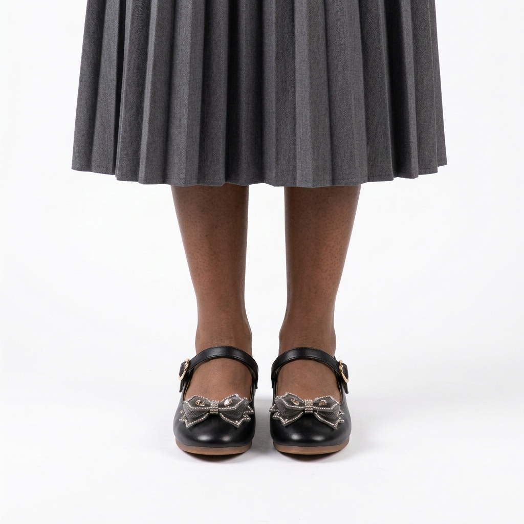 Adult woman wearing black jeweled bow Mary Jane flats with feet together facing forward