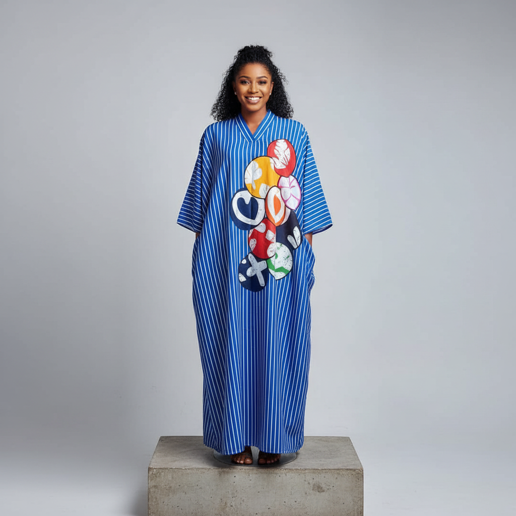 Nigerian female model front view - blue stripe cartoon graphic kaftan dress
