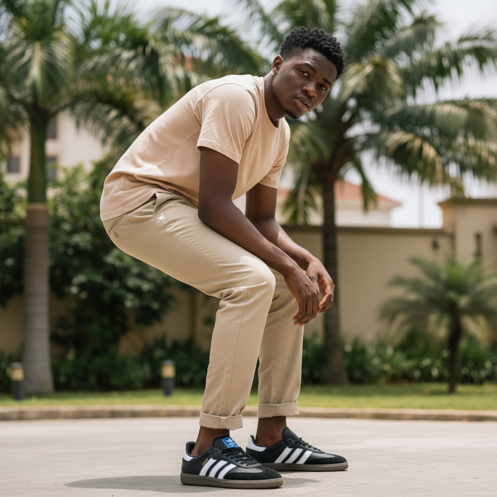 Nigerian male model wearing black and white low-top sneakers street style