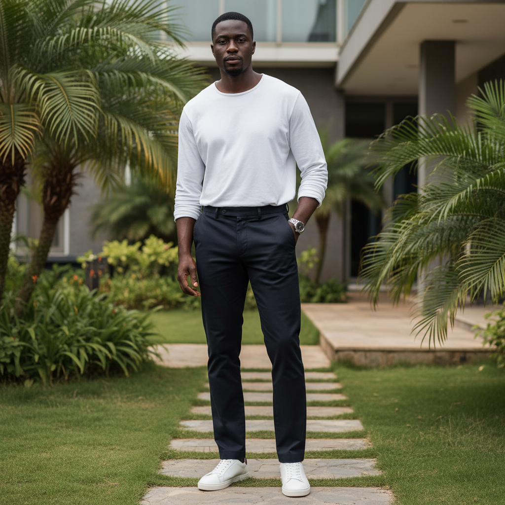 Nigerian male model wearing black chino trousers in outdoor setting