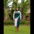 Nigerian female model wearing women's dark green and lilac diagonal colorblock V-neck bodycon midi dress