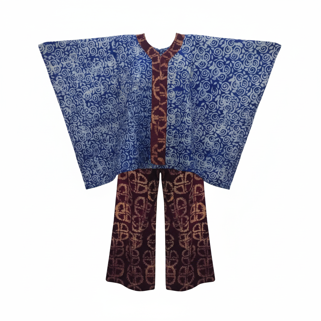 Women's Blue & Burgundy Batik Bubu Set – Ghost Mannequin View