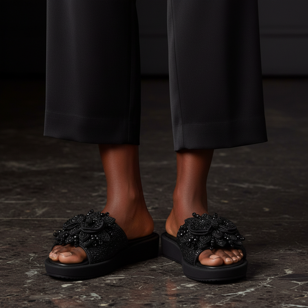 Women's Rhinestone Floral Flat Mule Sandal - Black Model Editorial Leg Zoom